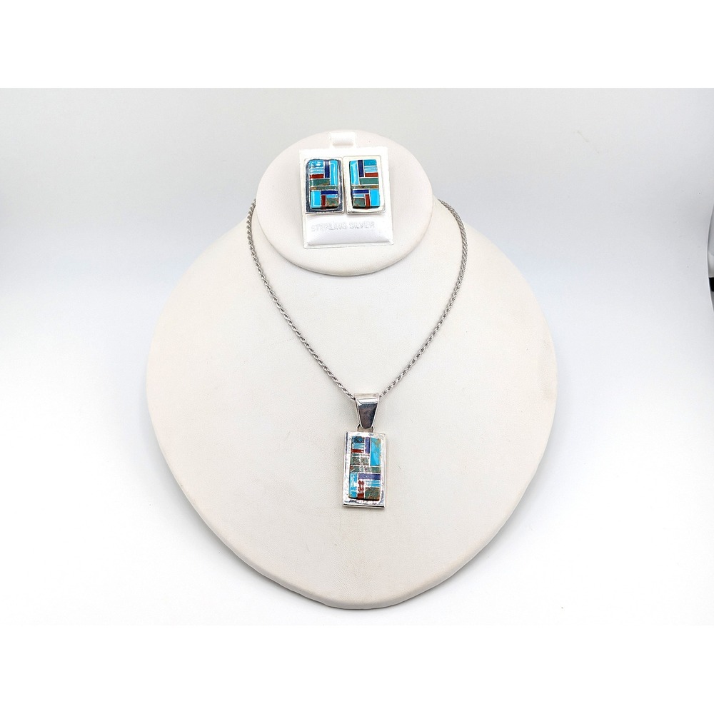 Authentic Patricia Becenti Navajo Inlay Necklace‎ & Earring Set Mosaic Jewelry**